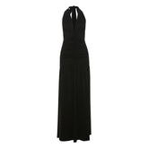 Elegant Halter V neck Dress Slit Pleated Backless Dress